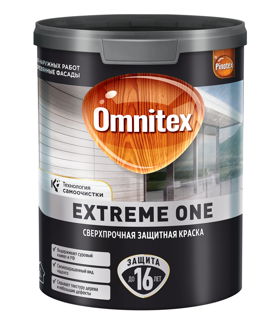 Краска Omnitex Extreme One для древесины в строительном магазине