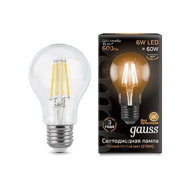 Лампа светодиодная филаментная Gauss E27 6W 2700К прозрачная 1/10/50 102802106 в строительном магазине