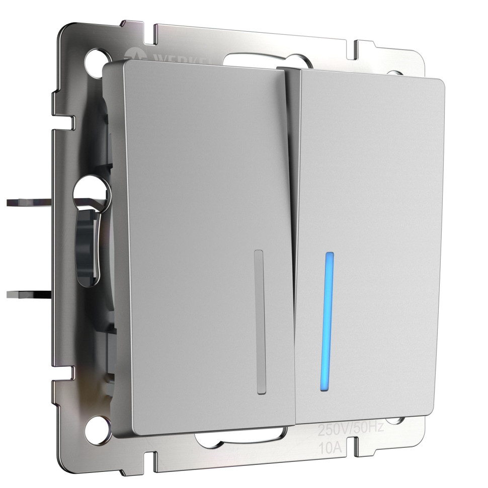 W1120106/ Выключатель двухклавишный с подсветкой (серебряный) W1120106 в строительном магазине