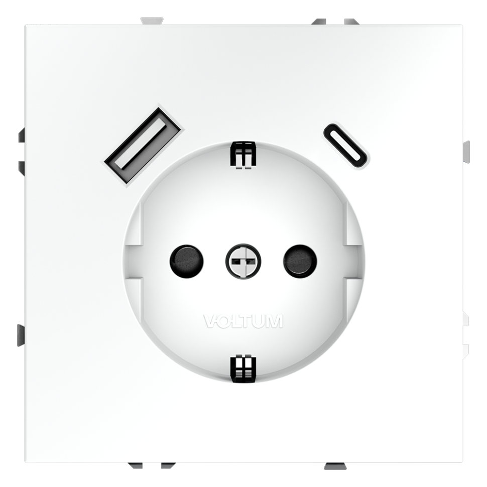Розетка встраиваемая VOLTUM S70 с заземлением и защитными шторками, 16А, с USB, A+С, (белый матовый) в строительном магазине