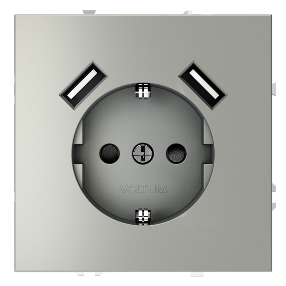 Розетка встраиваемая VOLTUM S70 с заземлением и защитными шторками, 16А, с USB, A+A, (сталь) в строительном магазине
