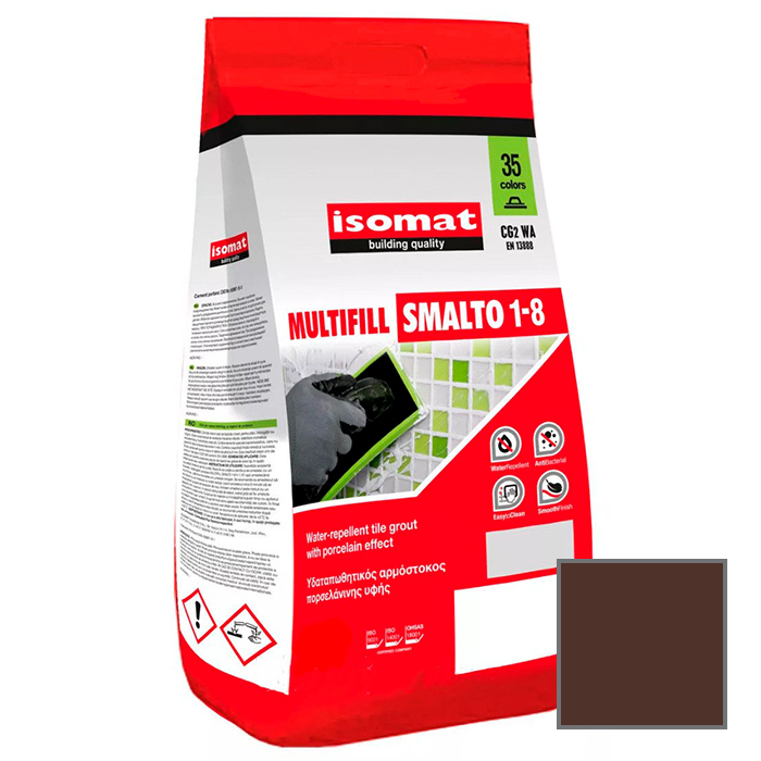 Затирка для плитки Isomat Multifill Smalto 1-8 №08 Коричневый 2 кг08 коричневый, 01 Белый, 02 Черный, 03 серый, 04 перламутрово-серый, 05 светло-серый, 06 багама-бежевый, 07 красно-коричневый, 09 светло-коричневый, 10 темно-серый, 11 слоновая кость, 13 красный, 15 махэттен, 16 светлая охра, 17 анемон, 18 перламутрово-бежевый, 19 мокко, 20 марун, 21 карамель, 25 крокус, 30 цементно-серый, 31 керамик, 32 синий миконос, 29 серебряно-серый, 40 тёмно-коричневый, 41землянисто-коричневый, 42 серовато-бежевый, 43 оливковый зеленый, 44 желтовато-коричневый, 45 песочный, 46 серовато-синий, 47 сиреневый, 48 лимонный желтый, 49 бирюзовый