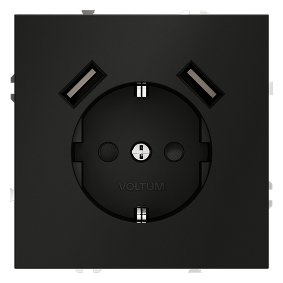 Розетка встраиваемая VOLTUM S70 с заземлением и защитными шторками, 16А, с USB, A+A, (черный матовый в строительном магазине