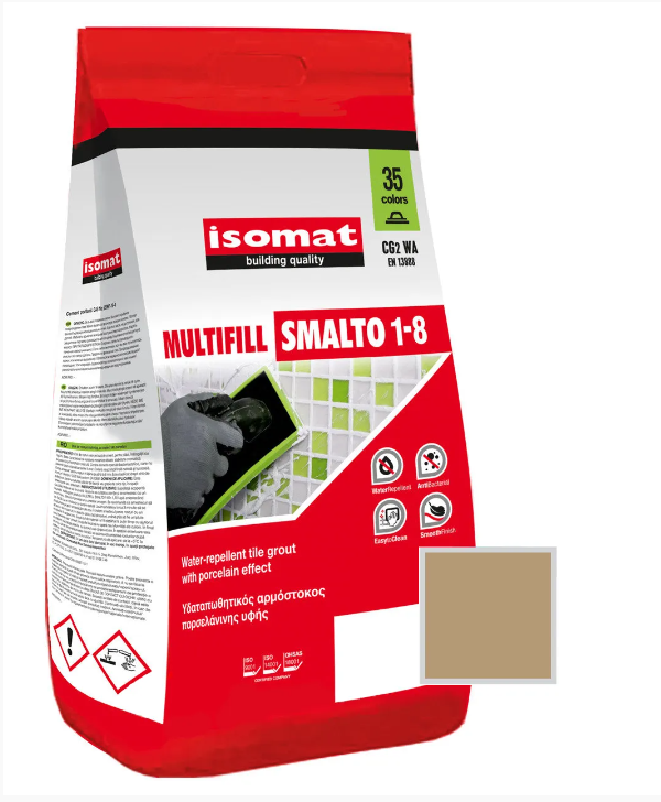 Затирка для плитки Isomat Multifill Smalto 1-8 №44 Желтовато-коричневый 2 кг44 желтовато-коричневый, 01 Белый, 02 Черный, 03 серый, 04 перламутрово-серый, 05 светло-серый, 06 багама-бежевый, 07 красно-коричневый, 08 коричневый, 09 светло-коричневый, 10 темно-серый, 11 слоновая кость, 13 красный, 15 манхеттен серый, 16 светлая охра, 17 анемон, 18 перламутрово-бежевый, 19 мокко, 20 марун, 21 карамель, 25 крокус, 29 серебряно-серый, 30 цементно-серый, 31 керамик, 32 синий миконос, 40 тёмно-коричневый, 41землянисто-коричневый, 42 серовато-бежевый, 43 оливковый зеленый, 45 песочный, 46 серовато-синий, 47 сиреневый, 48 лимонный желтый, 49 бирюзовый