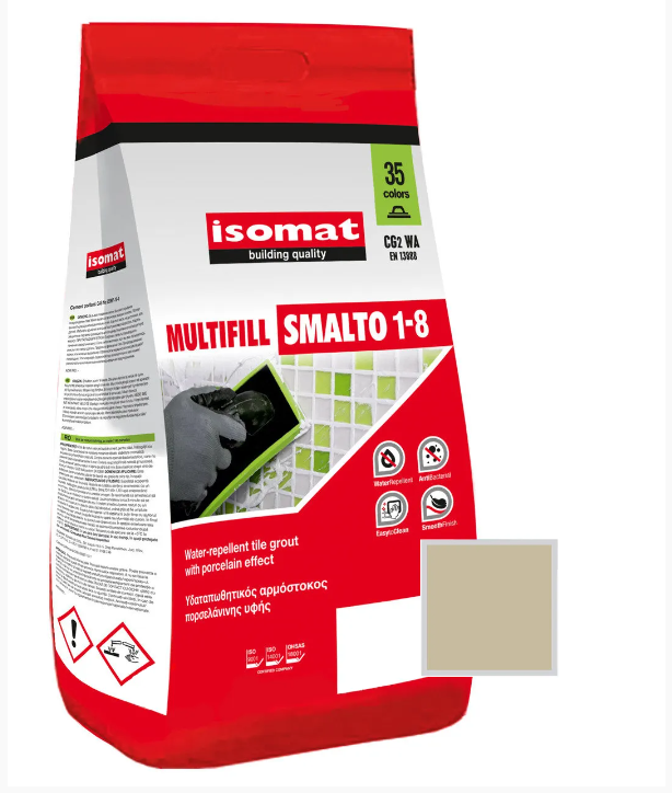 Затирка для плитки Isomat Multifill Smalto 1-8 №43 Оливковый зеленый 2 кг43 оливковый зеленый, 01 Белый, 02 Черный, 03 серый, 04 перламутрово-серый, 05 светло-серый, 06 багама-бежевый, 07 красно-коричневый, 08 коричневый, 09 светло-коричневый, 10 темно-серый, 11 слоновая кость, 13 красный, 15 манхеттен серый, 16 светлая охра, 17 анемон, 18 перламутрово-бежевый, 19 мокко, 20 марун, 21 карамель, 25 крокус, 29 серебряно-серый, 30 цементно-серый, 31 керамик, 32 синий миконос, 40 тёмно-коричневый, 41землянисто-коричневый, 42 серовато-бежевый, 44 желтовато-коричневый, 45 песочный, 46 серовато-синий, 47 сиреневый, 48 лимонный желтый, 49 бирюзовый