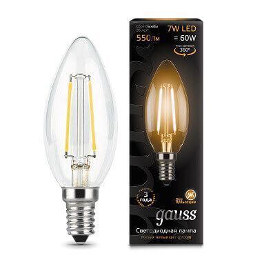Лампа светодиодная филаментная Gauss E14 7W 2700К прозрачная 103801107 в строительном магазине