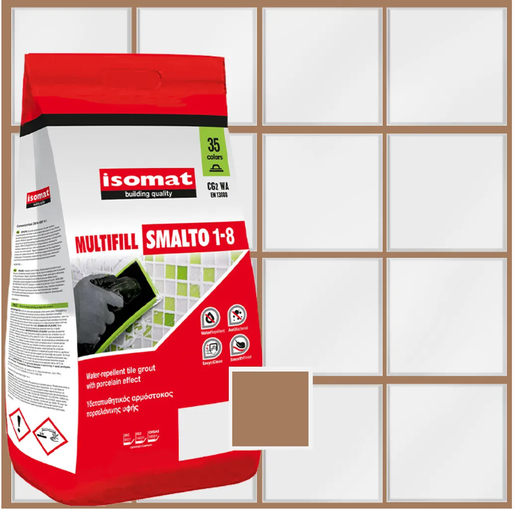 Затирка для плитки Isomat Multifill Smalto 1-8 №20 Марун 2 кг20 марун, 01 Белый, 02 Черный, 03 серый, 04 перламутрово-серый, 05 светло-серый, 06 багама-бежевый, 07 красно-коричневый, 08 коричневый, 09 светло-коричневый, 10 темно-серый, 11 слоновая кость, 13 красный, 15 манхеттен серый, 16 светлая охра, 17 анемон, 18 перламутрово-бежевый, 19 мокко, 21 карамель, 25 крокус, 29 серебряно-серый, 30 цементно-серый, 31 керамик, 32 синий миконос, 40 тёмно-коричневый, 41землянисто-коричневый, 42 серовато-бежевый, 43 оливковый зеленый, 44 желтовато-коричневый, 45 песочный, 46 серовато-синий, 47 сиреневый, 48 лимонный желтый, 49 бирюзовый