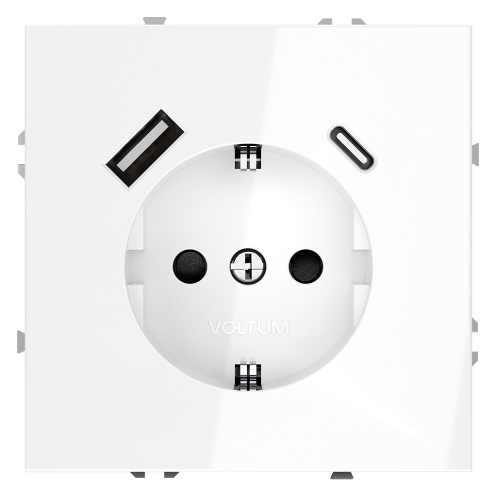 Розетка встраиваемая VOLTUM S70 с заземлением и защитными шторками, 16А, с USB, A+С, (белый глянцевы в строительном магазине