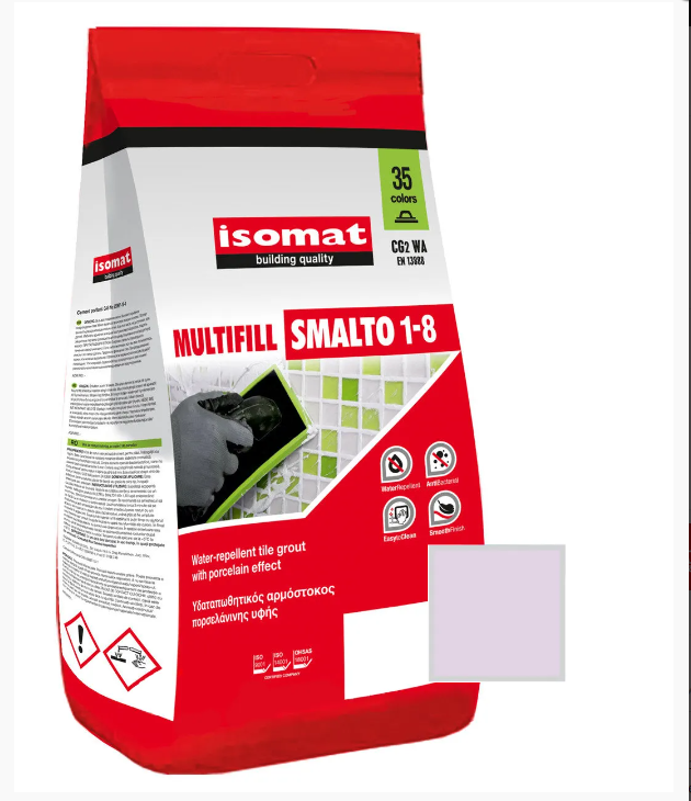 Затирка для плитки Isomat Multifill Smalto 1-8 №47 Сиреневый 2 кг47 сиреневый, 01 Белый, 02 Черный, 03 серый, 04 перламутрово-серый, 05 светло-серый, 06 багама-бежевый, 07 красно-коричневый, 08 коричневый, 09 светло-коричневый, 10 темно-серый, 11 слоновая кость, 13 красный, 15 манхеттен серый, 16 светлая охра, 17 анемон, 18 перламутрово-бежевый, 19 мокко, 20 марун, 21 карамель, 25 крокус, 29 серебряно-серый, 30 цементно-серый, 31 керамик, 32 синий миконос, 40 тёмно-коричневый, 41землянисто-коричневый, 42 серовато-бежевый, 43 оливковый зеленый, 44 желтовато-коричневый, 45 песочный, 46 серовато-синий, 48 лимонный желтый, 49 бирюзовый