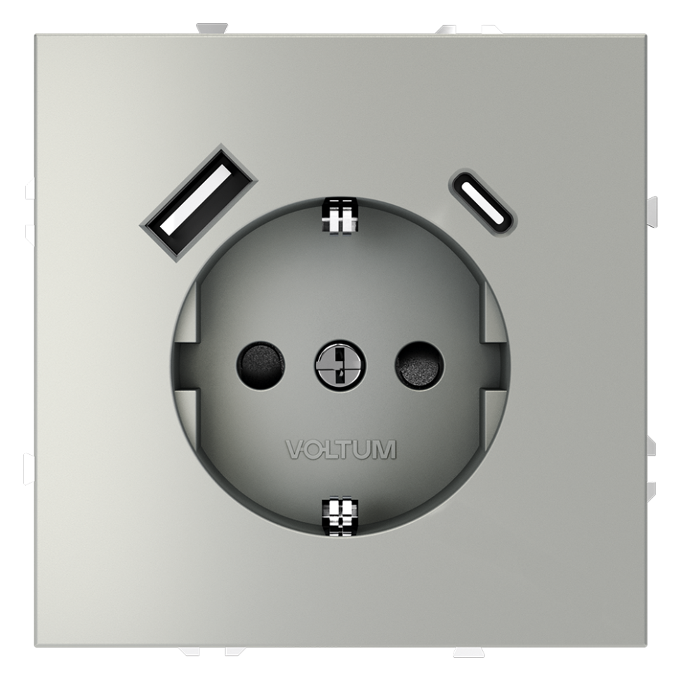 Розетка встраиваемая VOLTUM S70 с заземлением и защитными шторками, 16А, с USB, A+С, (сталь) в строительном магазине