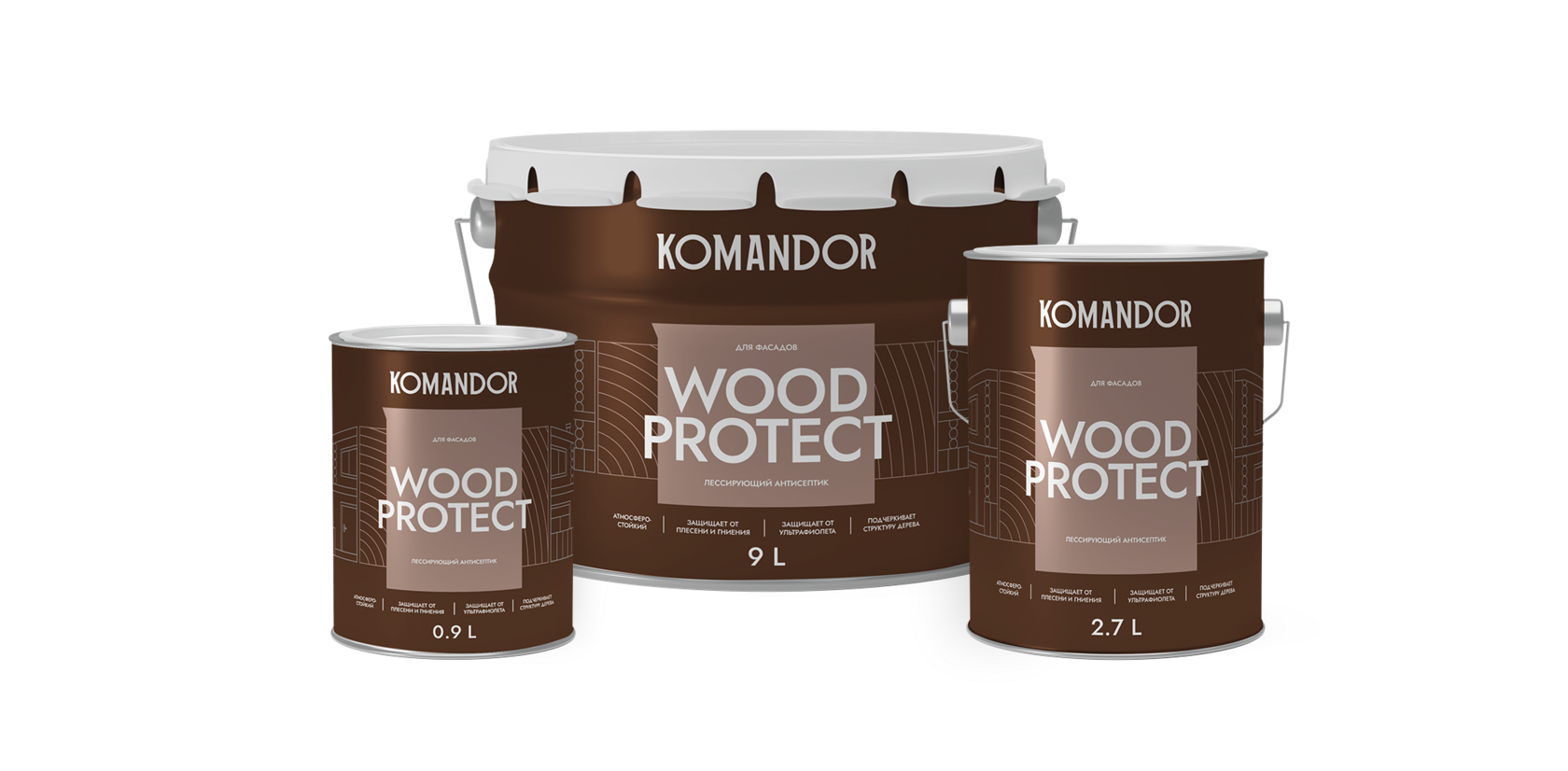 Лазурь по дереву Komandor Wood Protect лессирующий антисептик 9л