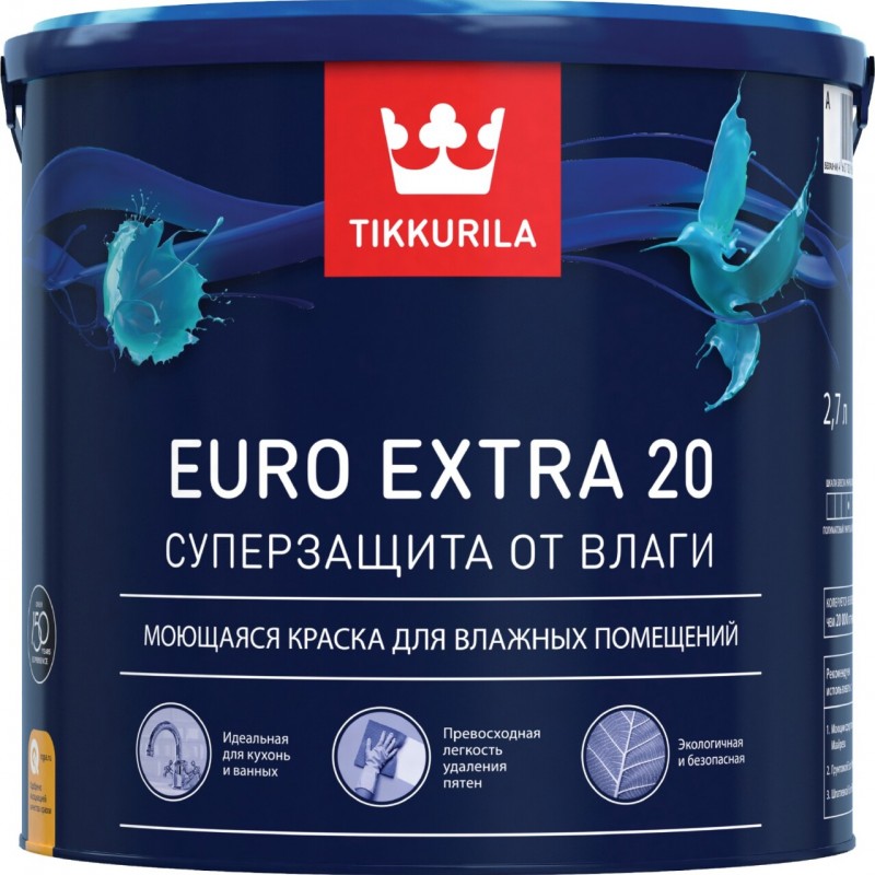 Краска для влажных помещений Tikkurila Euro Extra 20 (Тиккурила Евро Экстра 20) полуматовая 9л в строительном магазине