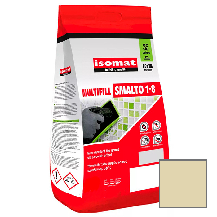 Затирка для плитки Isomat Multifill Smalto 1-8 №18 Перламутрово-бежевый 2 кг18 перламутрово-бежевый, 01 Белый, 02 Черный, 03 серый, 04 перламутрово-серый, 05 светло-серый, 06 багама-бежевый, 07 красно-коричневый, 08 коричневый, 09 светло-коричневый, 10 темно-серый, 11 слоновая кость, 13 красный, 15 манхеттен серый, 16 светлая охра, 17 анемон, 19 мокко, 20 марун, 21 карамель, 25 крокус, 29 серебряно-серый, 30 цементно-серый, 31 керамик, 32 синий миконос, 40 тёмно-коричневый, 41землянисто-коричневый, 42 серовато-бежевый, 43 оливковый зеленый, 44 желтовато-коричневый, 45 песочный, 46 серовато-синий, 47 сиреневый, 48 лимонный желтый, 49 бирюзовый