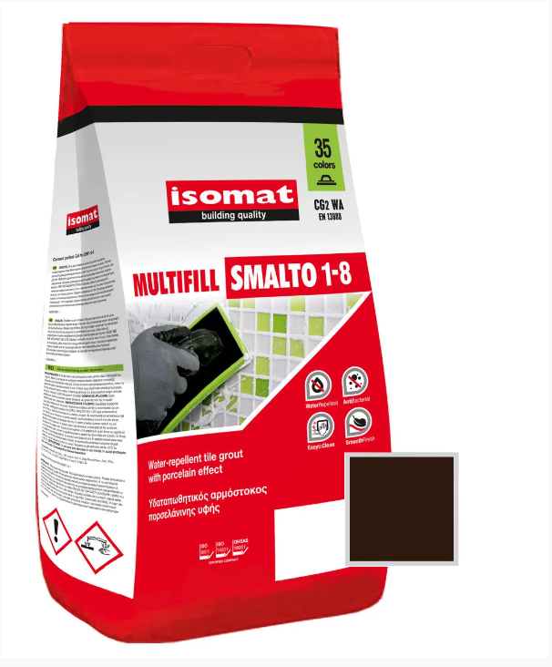 Затирка для плитки Isomat Multifill Smalto 1-8 №40 Тёмно-коричневый 2 кг40 тёмно-коричневый, 01 Белый, 02 Черный, 03 серый, 04 перламутрово-серый, 05 светло-серый, 06 багама-бежевый, 07 красно-коричневый, 08 коричневый, 09 светло-коричневый, 10 темно-серый, 11 слоновая кость, 13 красный, 15 манхеттен серый, 16 светлая охра, 17 анемон, 18 перламутрово-бежевый, 19 мокко, 20 марун, 21 карамель, 25 крокус, 29 серебряно-серый, 30 цементно-серый, 31 керамик, 32 синий миконос, 41землянисто-коричневый, 42 серовато-бежевый, 43 оливковый зеленый, 44 желтовато-коричневый, 45 песочный, 46 серовато-синий, 47 сиреневый, 48 лимонный желтый, 49 бирюзовый