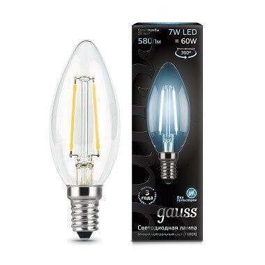 Лампа светодиодная филаментная Gauss E14 7W 4100К прозрачная 103801207 в строительном магазине