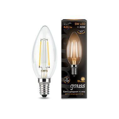 Лампа светодиодная филаментная Gauss E14 5W 2700К прозрачная 103801105 в строительном магазине