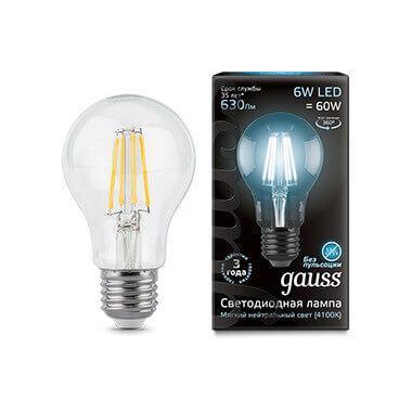 Лампа светодиодная филаментная Gauss E27 6W 4100К прозрачная 1/10/50 102802206 в строительном магазине