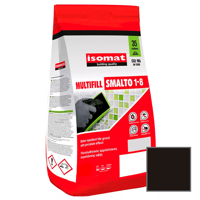 Затирка для плитки Isomat Multifill Smalto 1-8 №02 черный 2 кг02 Черный, 01 Белый, 03 серый, 04 перламутрово-серый, 05 светло-серый, 06 багама-бежевый, 07 красно-коричневый, 08 коричневый, 09 светло-коричневый, 10 темно-серый, 11 слоновая кость, 13 красный, 15 махэттен, 16 светлая охра, 17 анемон, 18 перламутрово-бежевый, 19 мокко, 20 марун, 21 карамель, 25 крокус, 30 цементно-серый, 31 керамик, 32 синий миконос, 29 серебряно-серый, 40 тёмно-коричневый, 41землянисто-коричневый, 42 серовато-бежевый, 43 оливковый зеленый, 44 желтовато-коричневый, 45 песочный, 46 серовато-синий, 47 сиреневый, 48 лимонный желтый, 49 бирюзовый
