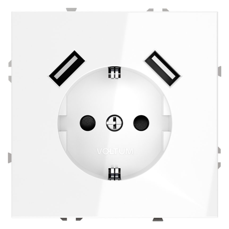 Розетка встраиваемая VOLTUM S70 с заземлением и защитными шторками, 16А, с USB, A+A, (белый глянцевы в строительном магазине