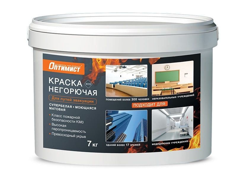Краска негорючая для путей эвакуации Оптимист W 220 класса КМ0 белая, моющаяся, матовая 14кг в строительном магазине