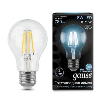 Лампа светодиодная филаментная Gauss E27 8W 4100К прозрачная 102802208 в строительном магазине