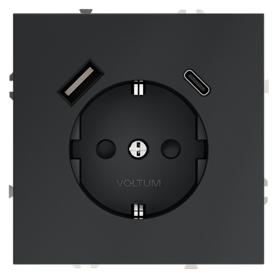 Розетка встраиваемая VOLTUM S70 с заземлением и защитными шторками, 16А, с USB, A+С, (графит) в строительном магазине