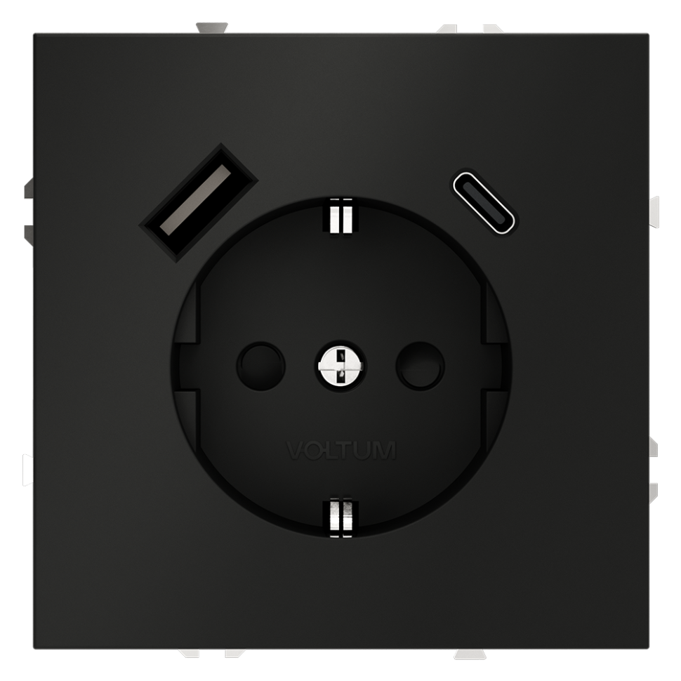 Розетка встраиваемая VOLTUM S70 с заземлением и защитными шторками, 16А, с USB, A+С, (черный матовый в строительном магазине