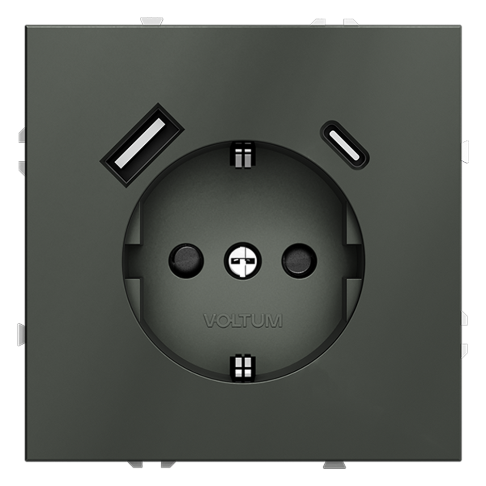 Розетка встраиваемая VOLTUM S70 с заземлением и защитными шторками, 16А, с USB, A+С, (титан) в строительном магазине